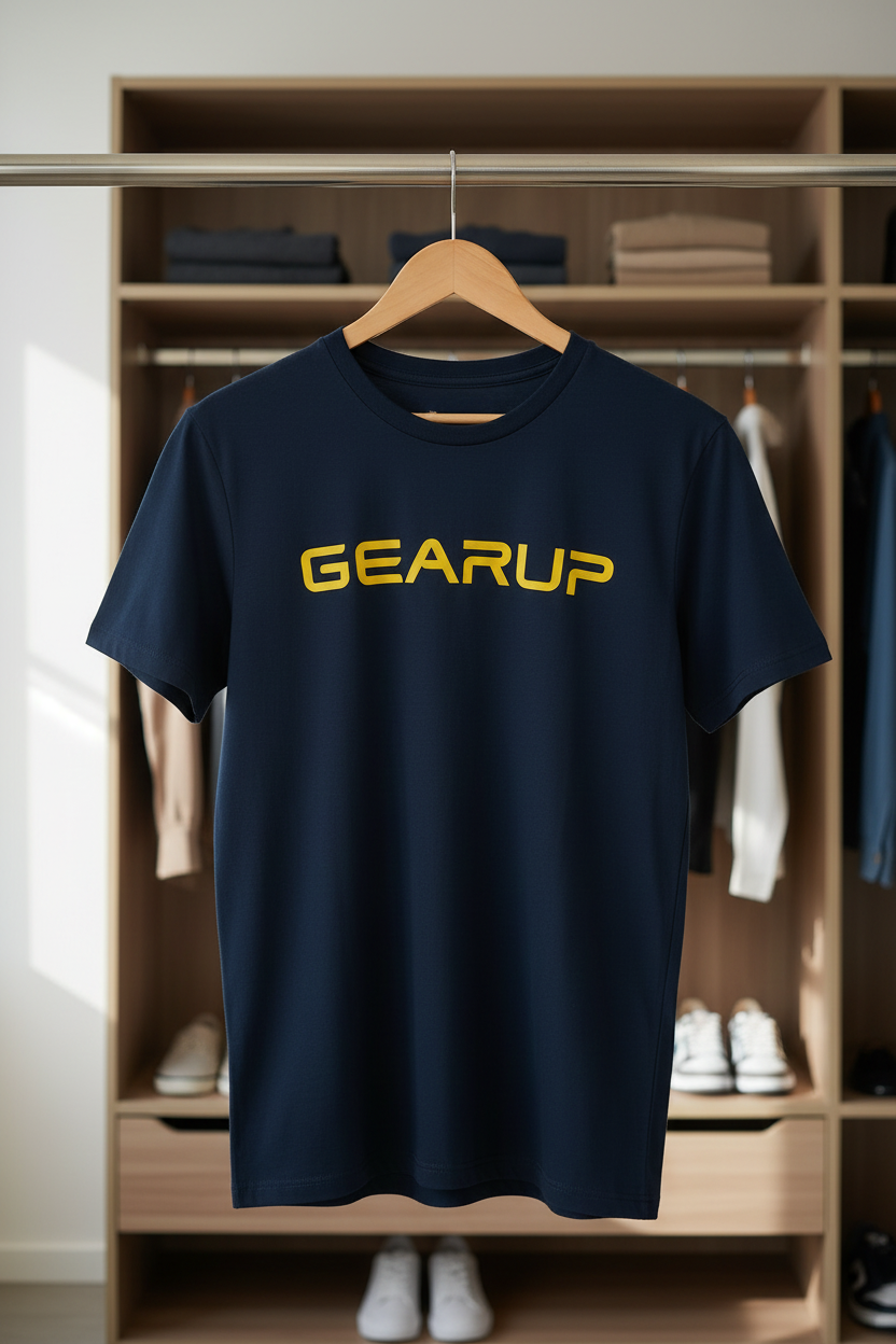 Navy blue t-shirt with GEARUP in futuristic tech font