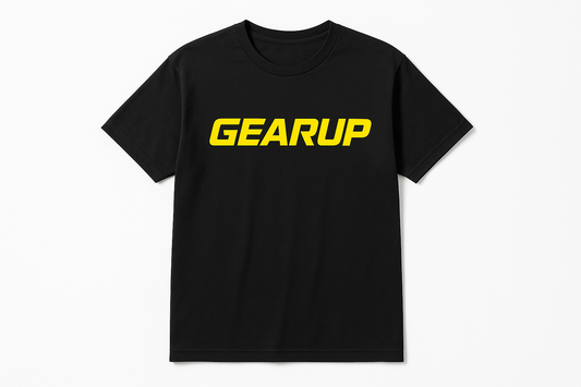 Black t-shirt with GEARUP in automotive-inspired font