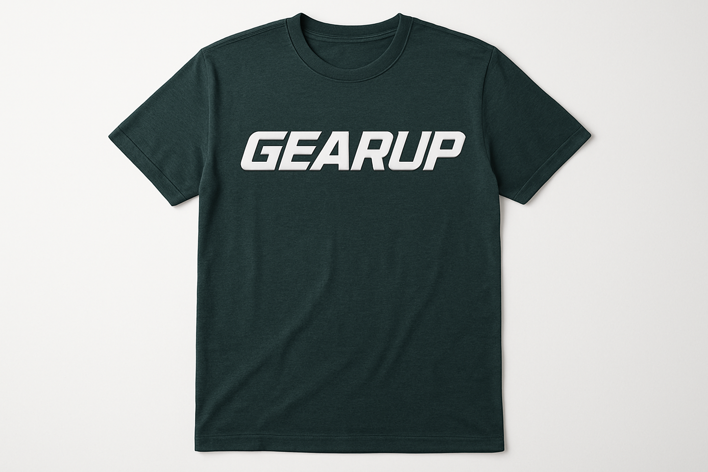 Dark green t-shirt with GEARUP in automotive-inspired font