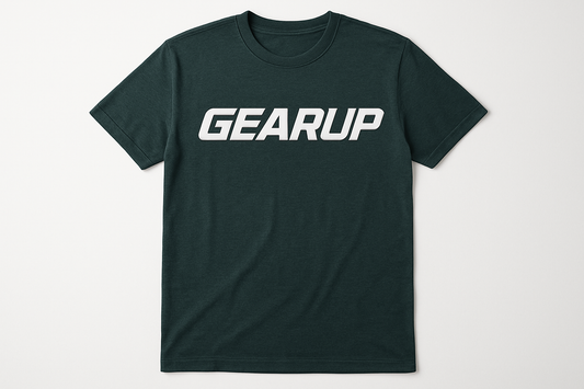 Dark green t-shirt with GEARUP in automotive-inspired font