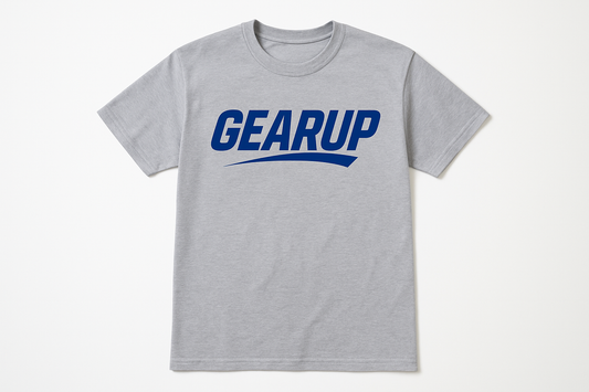 Heather gray t-shirt with GEARUP and swoosh element