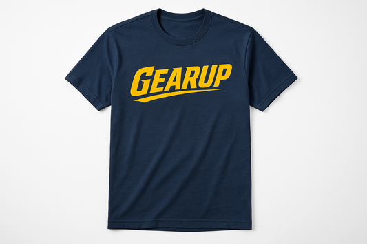 Navy blue t-shirt with GEARUP in dynamic energetic font
