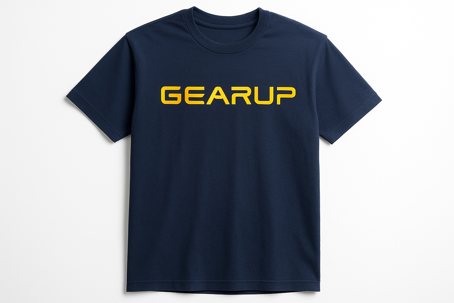 Navy blue t-shirt with GEARUP in futuristic tech font