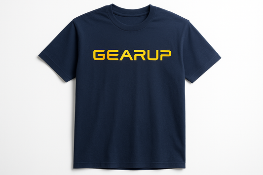 Navy blue t-shirt with GEARUP in futuristic tech font